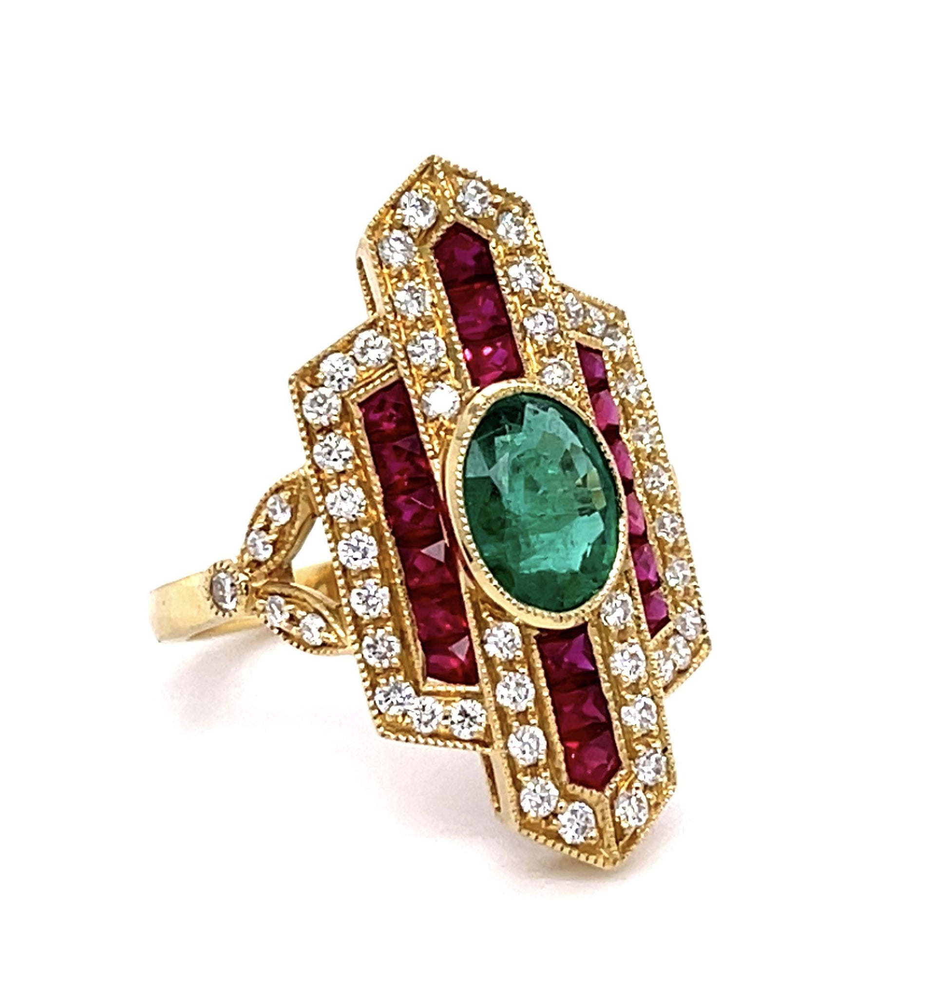 1.15ct Emerald 1.20ct Ruby .44ct Diamond 18KY Ring
