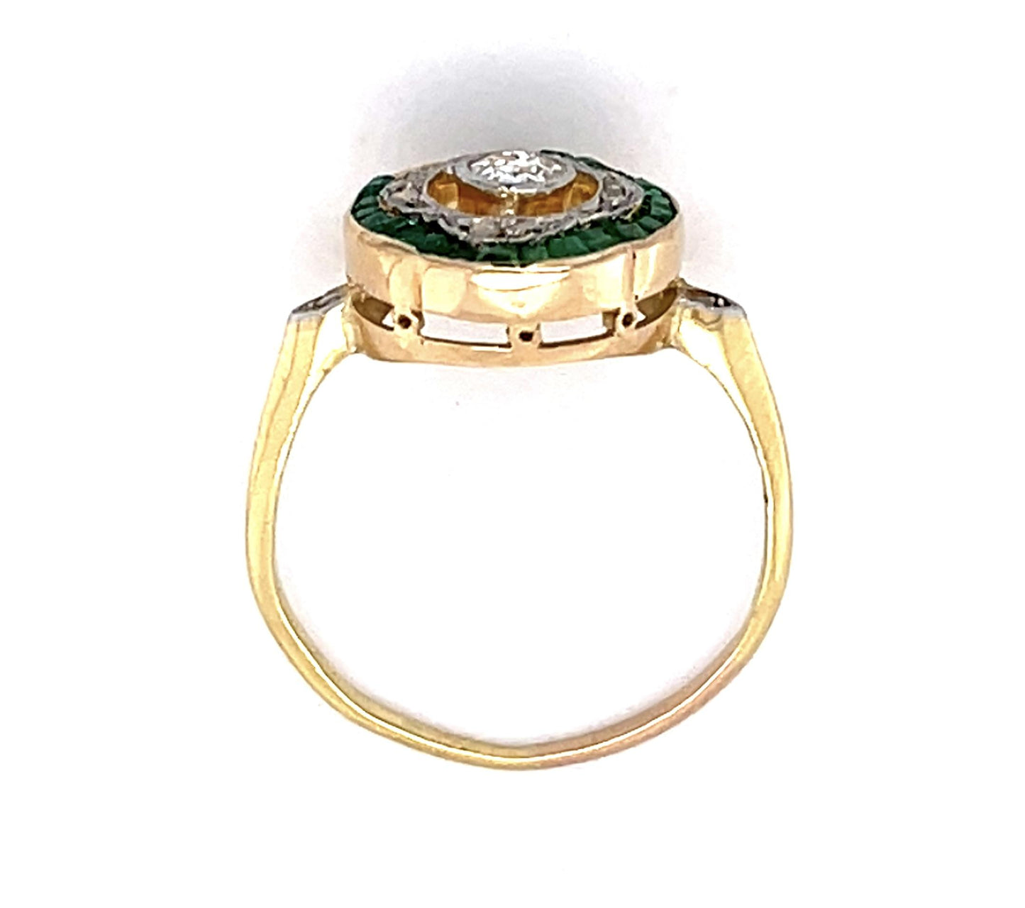 Art Deco .16ct Old Mine Center Diamond .38ct Emerald 18KY Ring (Antique 1920s)