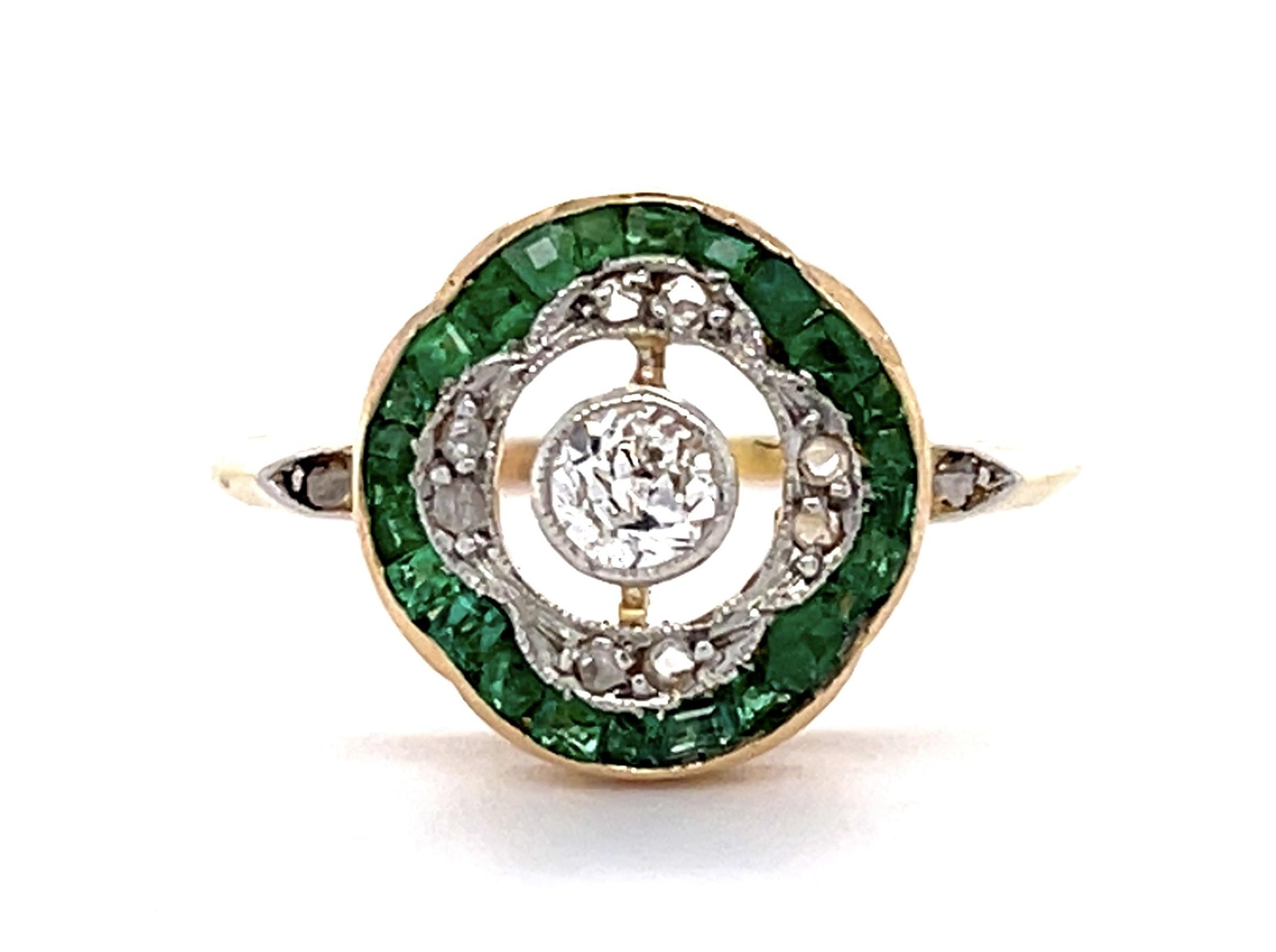 Art Deco .16ct Old Mine Center Diamond .38ct Emerald 18KY Ring (Antique 1920s)