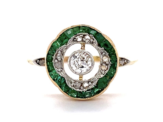 Art Deco .16ct Old Mine Center Diamond .38ct Emerald 18KY Ring (Antique 1920s)