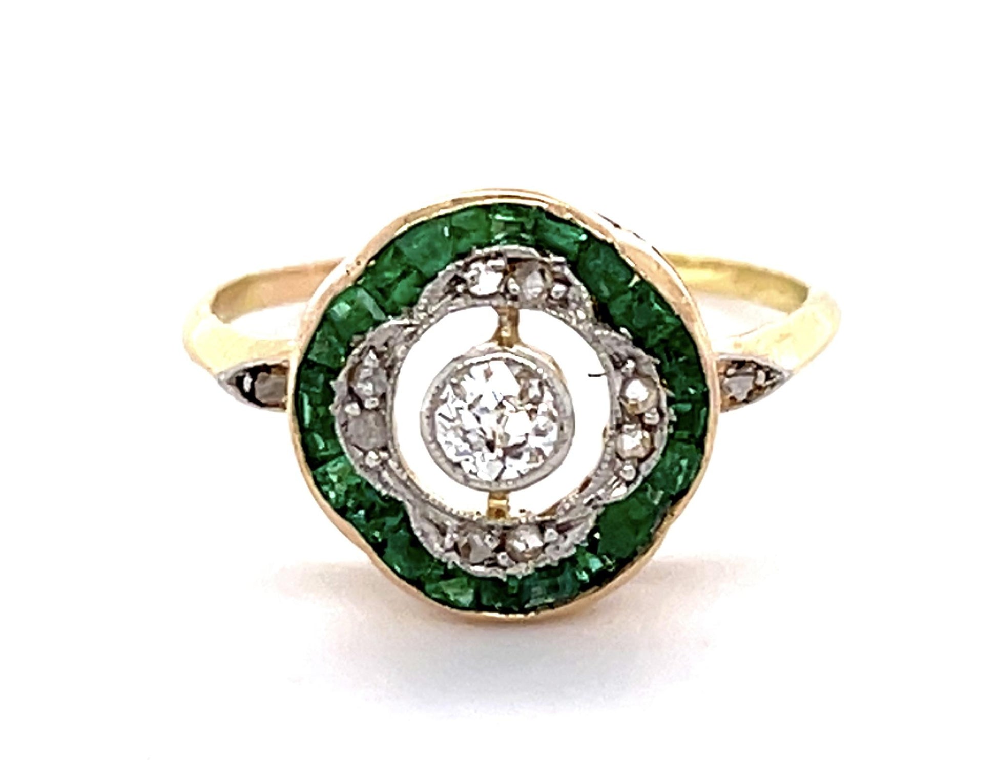 Art Deco .16ct Old Mine Center Diamond .38ct Emerald 18KY Ring (Antique 1920s)