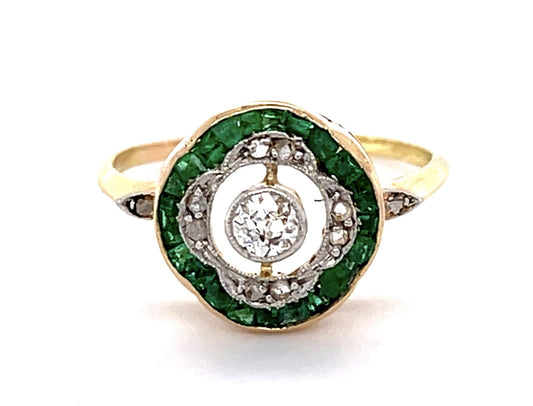 Art Deco .16ct Old Mine Center Diamond .38ct Emerald 18KY Ring (Antique 1920s)