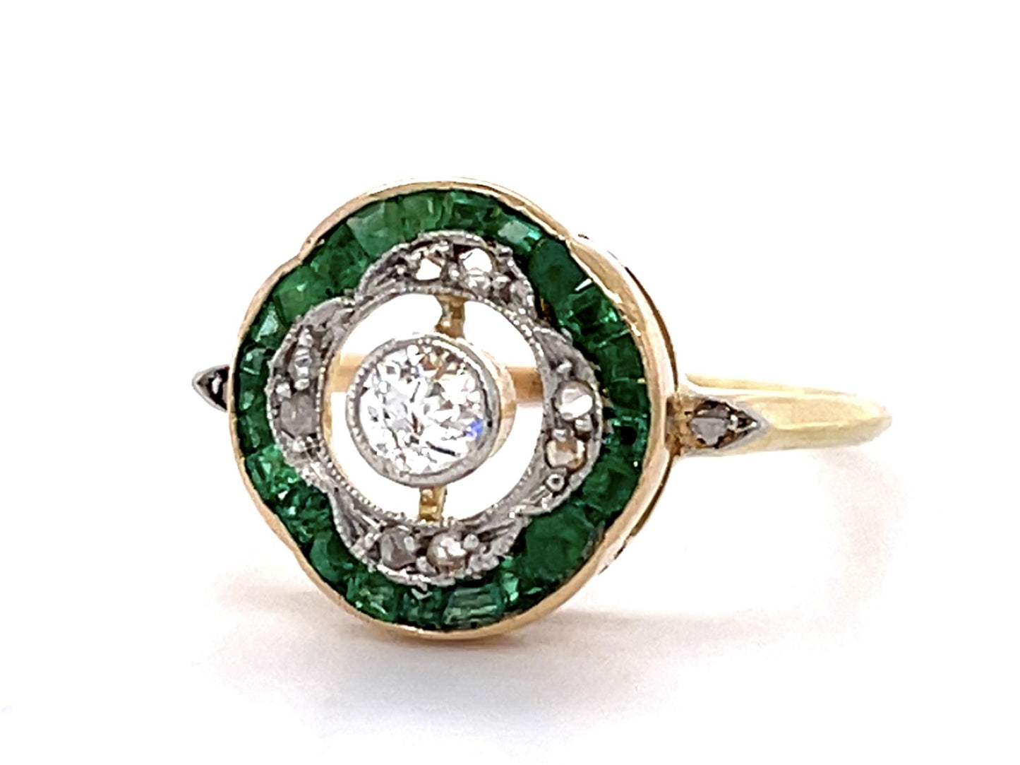 Art Deco .16ct Old Mine Center Diamond .38ct Emerald 18KY Ring (Antique 1920s)