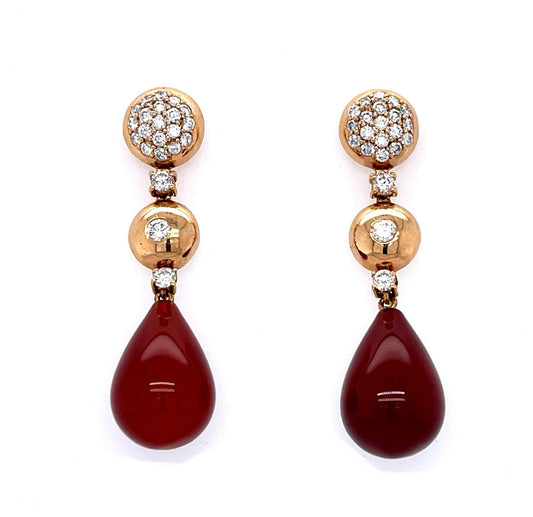 Carnelian + 1.15ct Diamond 18KY Drop Earrings 13.60g 1.75"