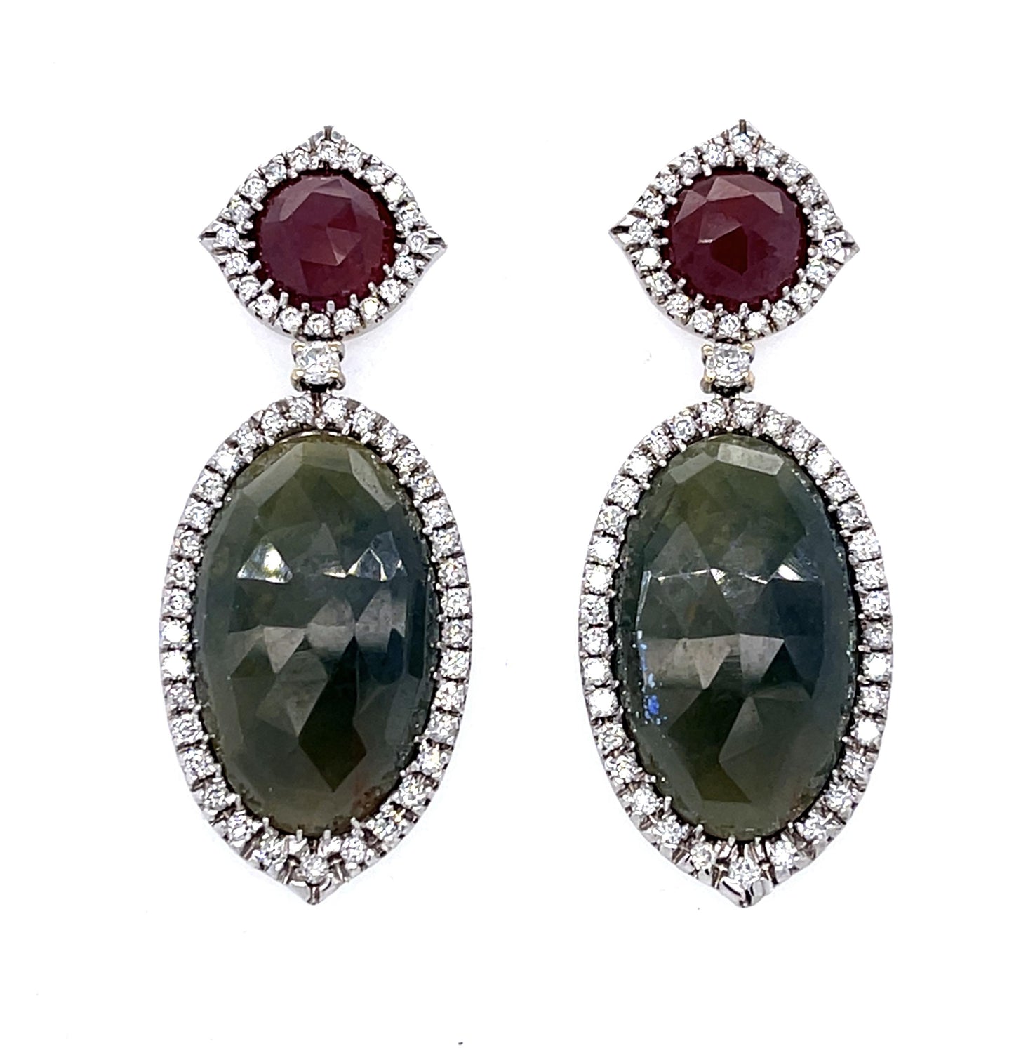 50ct Greyish Green Sapphire 2ct Diamond 18KY Large Drop Earrings 21.60g 2"