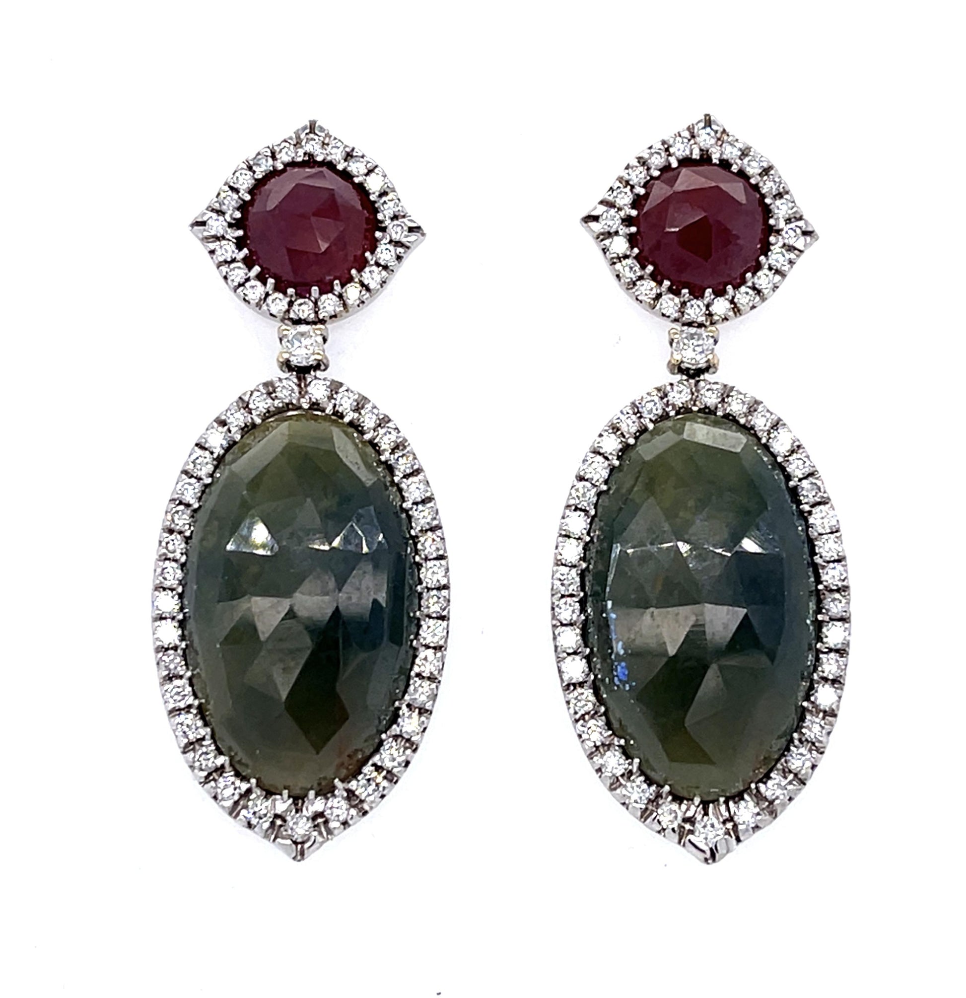 50ct Greyish Green Sapphire 2ct Diamond 18KY Large Drop Earrings 21.60g 2"