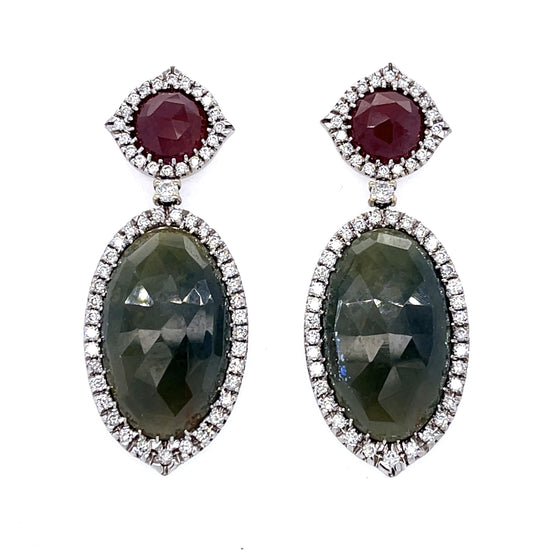 50ct Greyish Green Sapphire 2ct Diamond 18KY Large Drop Earrings 21.60g 2"