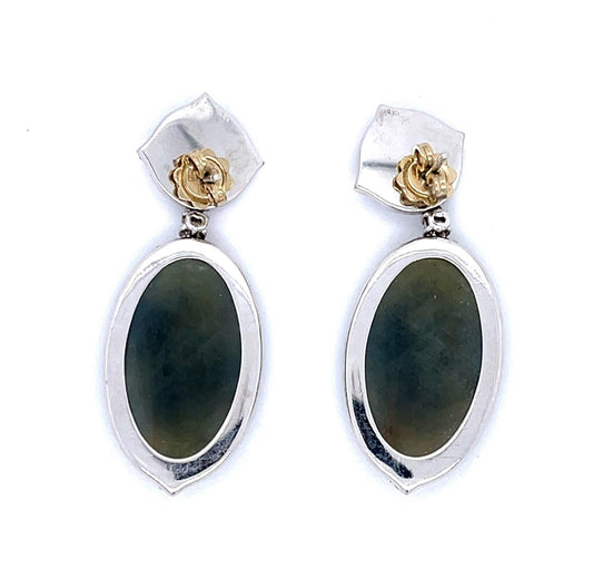 50ct Greyish Green Sapphire 2ct Diamond 18KY Large Drop Earrings 21.60g 2"