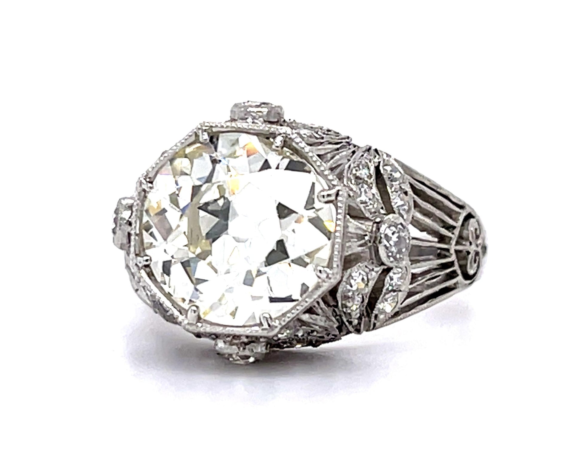 3.64ct M VS2 Old European Diamond Platinum Handmade Ring .60ct SD