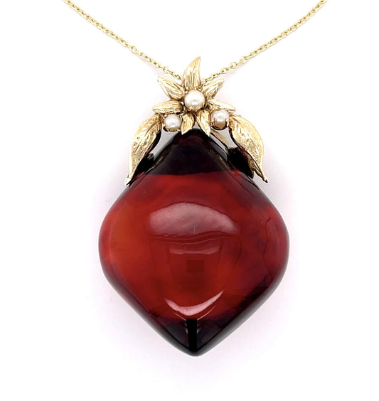 150ct Cherry Amber+ Pearl 14KY Pendant 18g 16" Chain