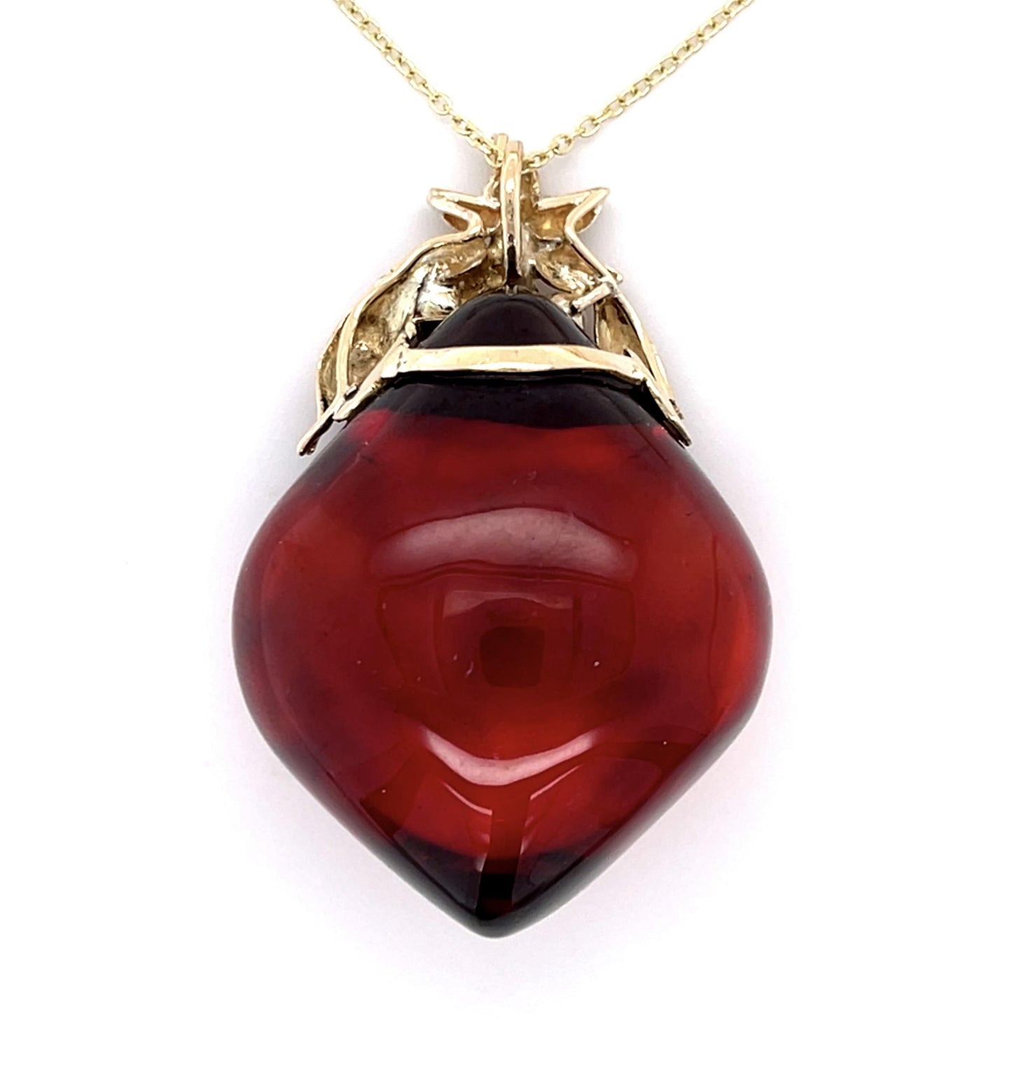 150ct Cherry Amber+ Pearl 14KY Pendant 18g 16" Chain