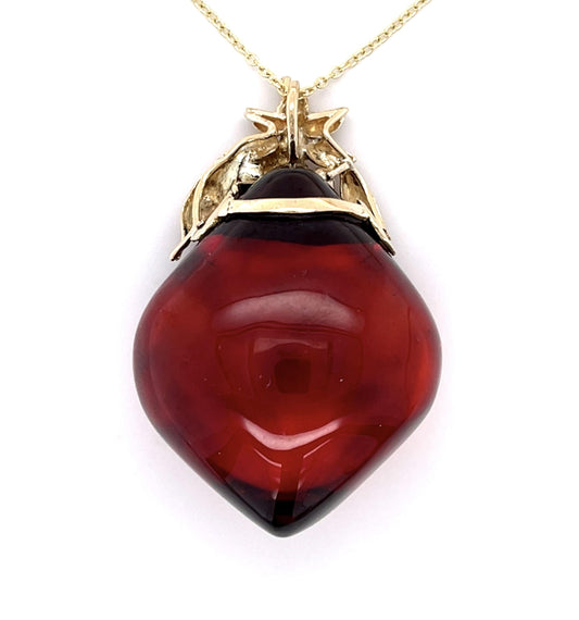 150ct Cherry Amber+ Pearl 14KY Pendant 18g 16" Chain