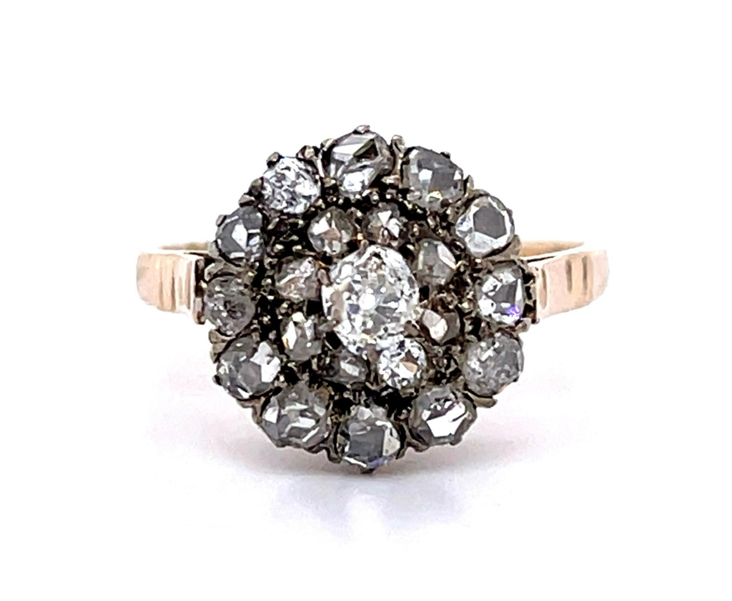 Victorian 1ct Old Mine + Rose Cut Diamond 14K Two Tone Ring (Antique 1890s)