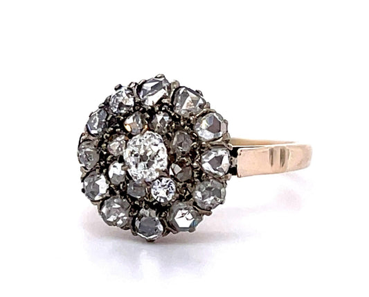 Victorian 1ct Old Mine + Rose Cut Diamond 14K Two Tone Ring (Antique 1890s)