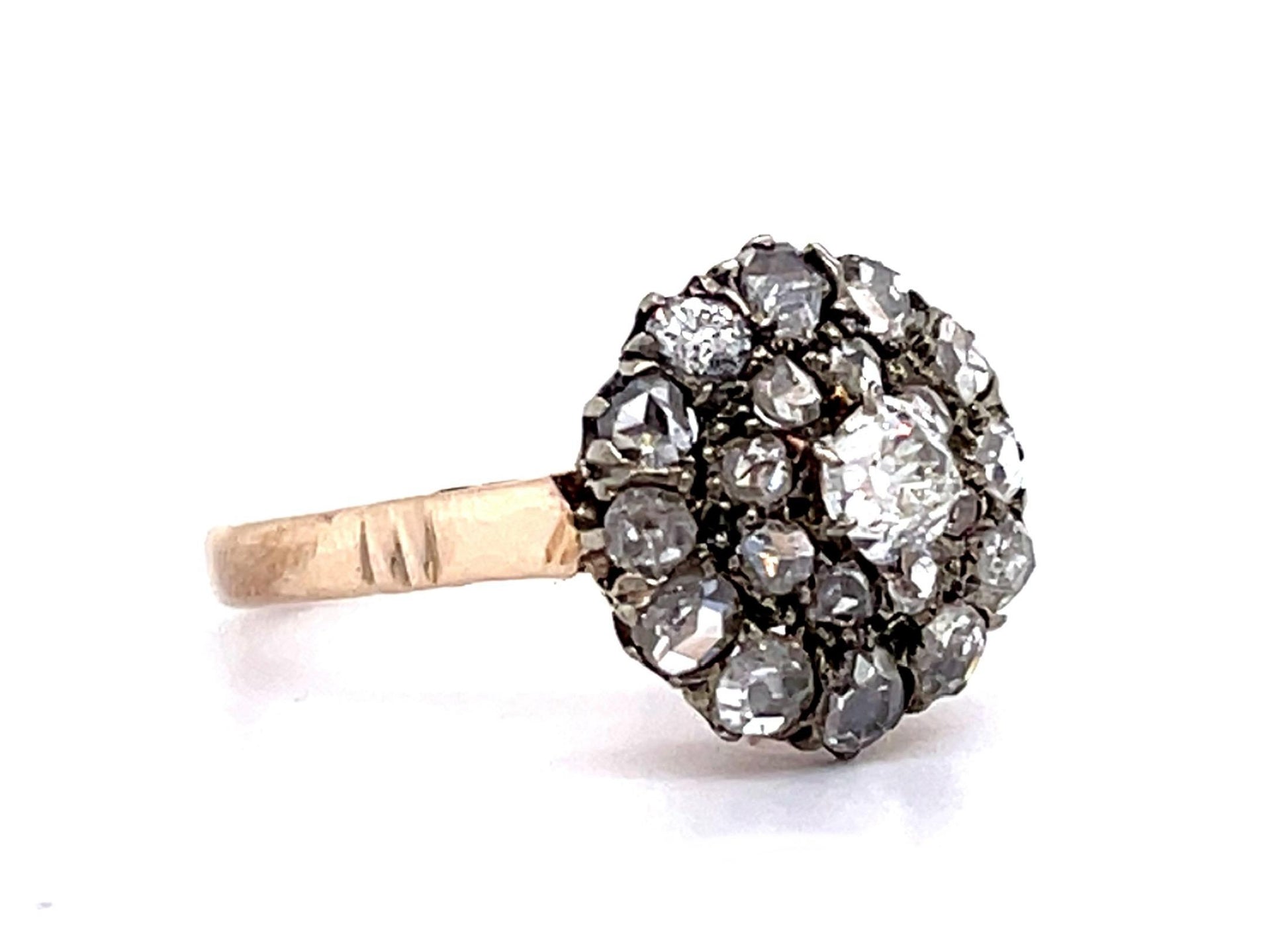 Victorian 1ct Old Mine + Rose Cut Diamond 14K Two Tone Ring (Antique 1890s)