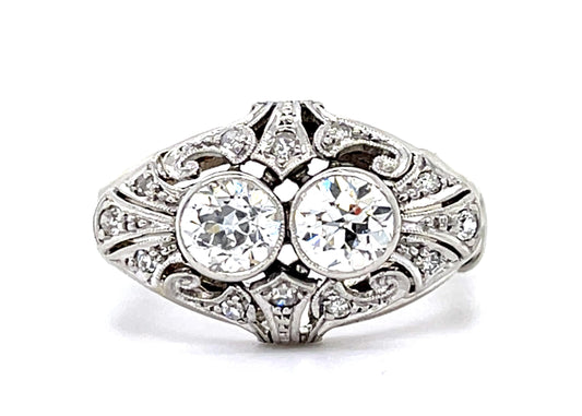 Art Deco 1.05ct VS Two Old European Diamonds (No Cert) 14KW Ring .10ct SD