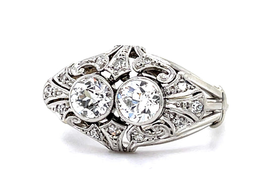 Art Deco 1.05ct VS Two Old European Diamonds (No Cert) 14KW Ring .10ct SD
