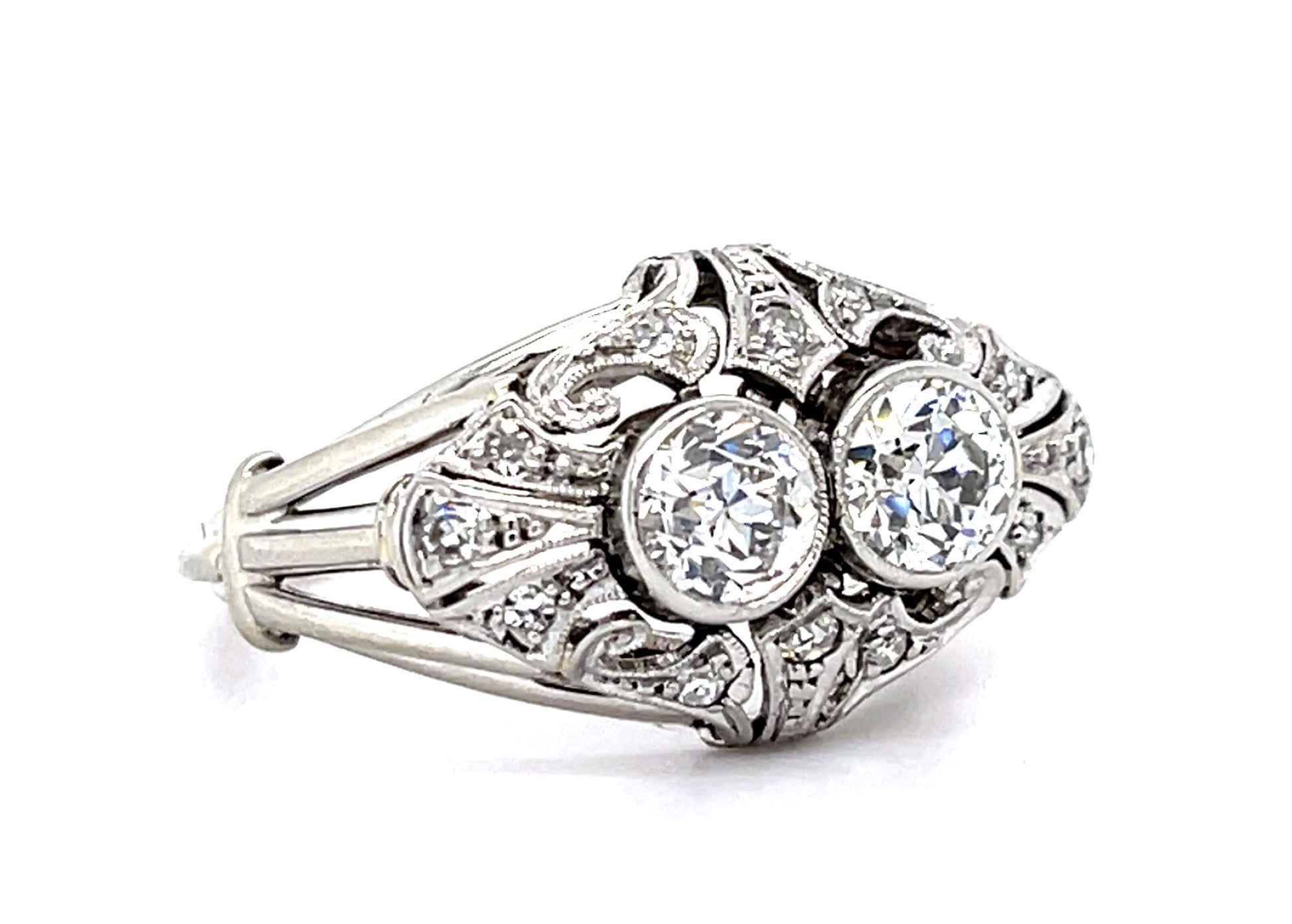 Art Deco 1.05ct VS Two Old European Diamonds (No Cert) 14KW Ring .10ct SD