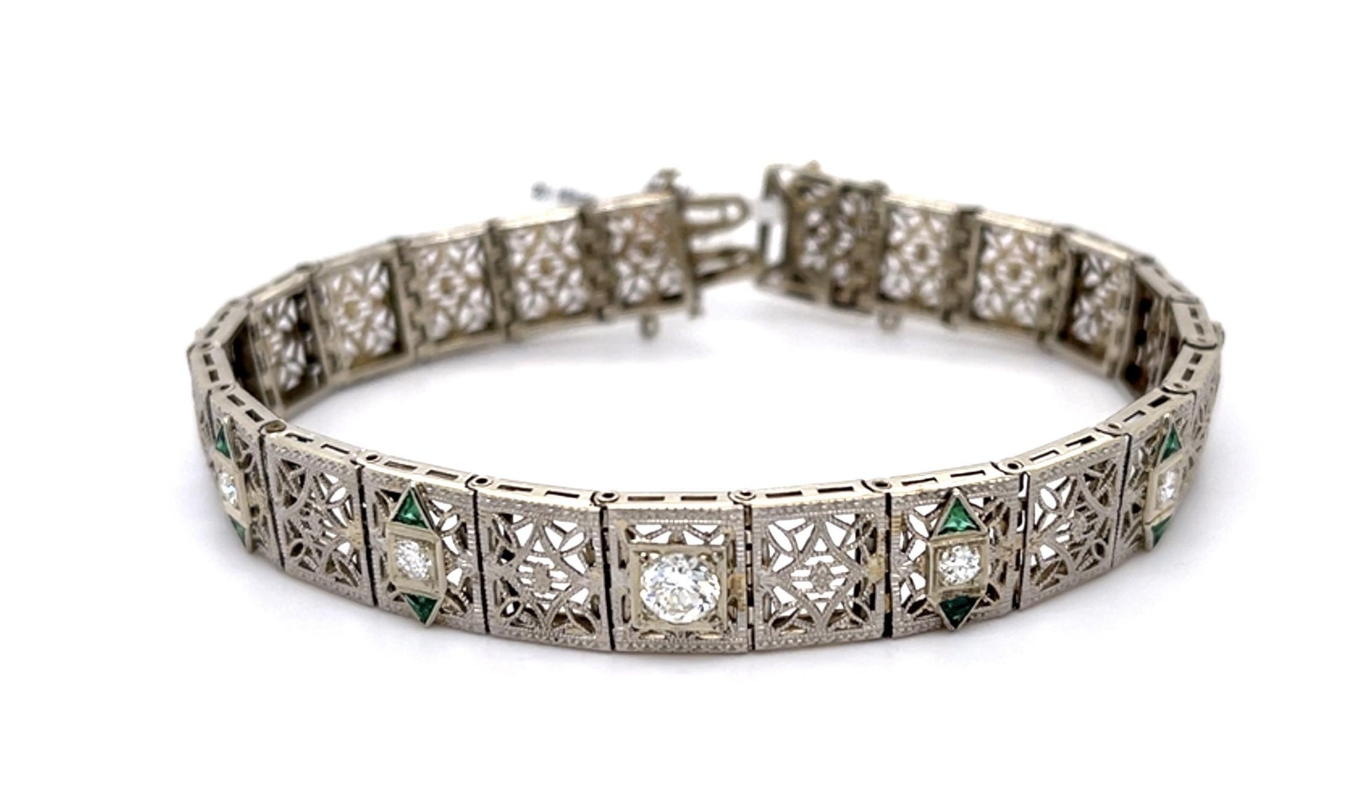 Art Deco .50ct Diamond .50ct Emerald PT Bracelet (Antique 1920s) 7"