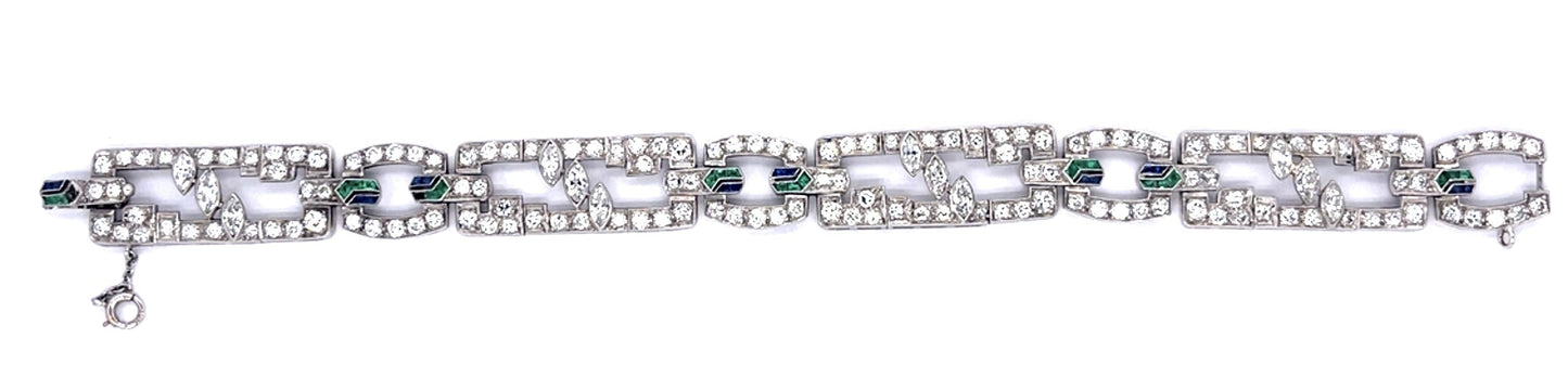 Art Deco 8ct Diamond Sapphire + Emerald Platinum Bracelet 29g 7.25"