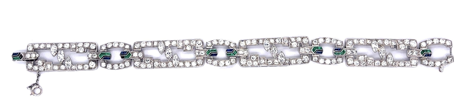 Art Deco 8ct Diamond Sapphire + Emerald Platinum Bracelet 29g 7.25"