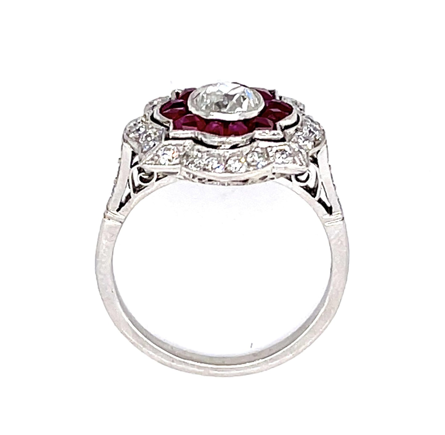 .79ct SI2 (No Cert) Old Mine Cushion Dia 2.40ct French Rubies PT Handmade Ring