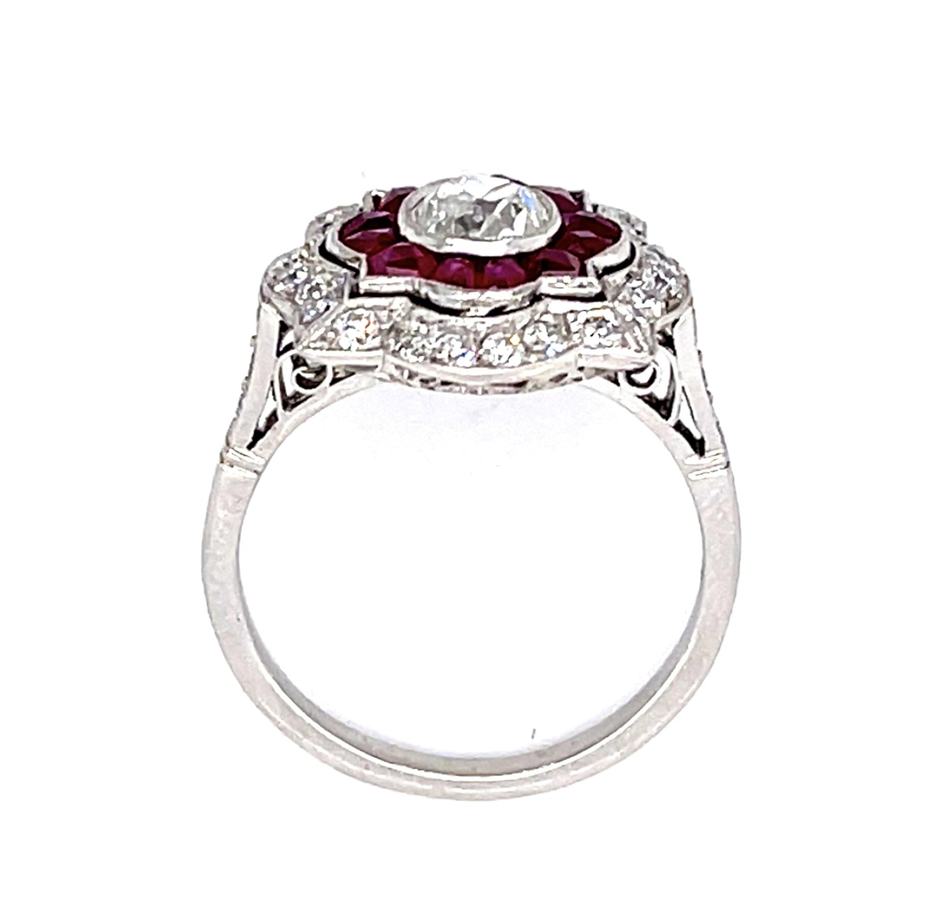 .79ct SI2 (No Cert) Old Mine Cushion Dia 2.40ct French Rubies PT Handmade Ring