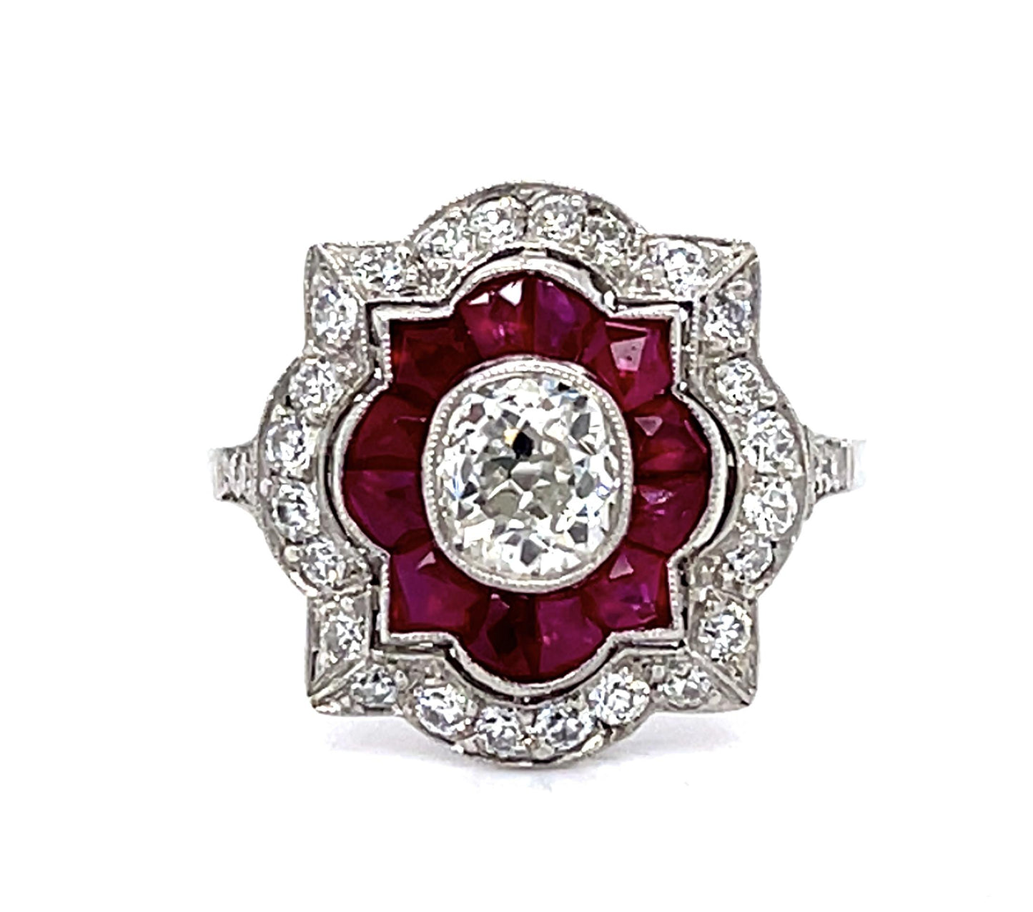 .79ct SI2 (No Cert) Old Mine Cushion Dia 2.40ct French Rubies PT Handmade Ring