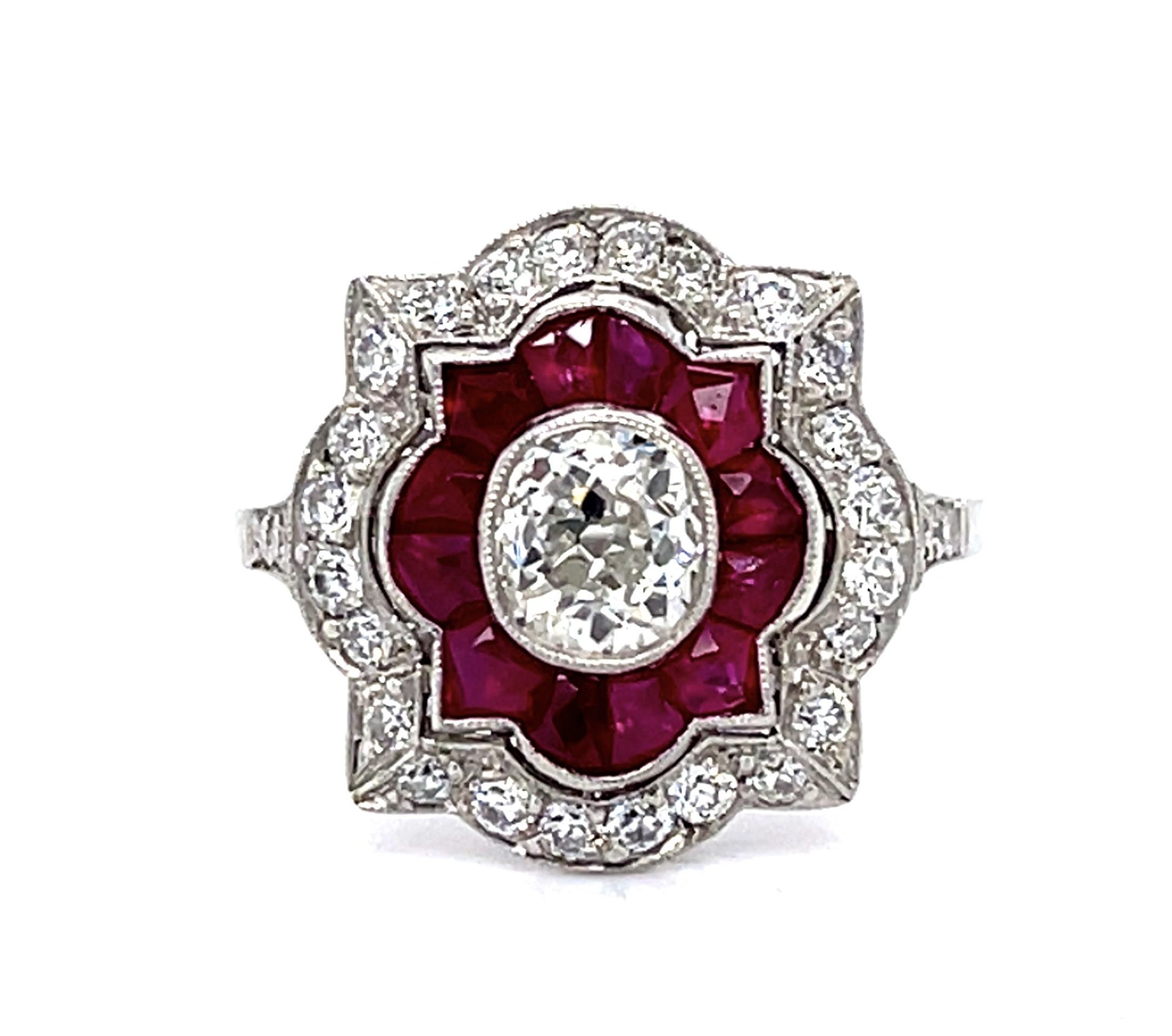 .79ct SI2 (No Cert) Old Mine Cushion Dia 2.40ct French Rubies PT Handmade Ring