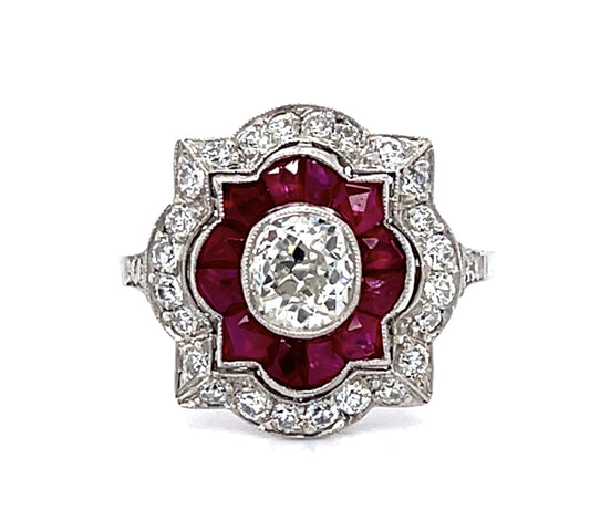 .79ct SI2 (No Cert) Old Mine Cushion Dia 2.40ct French Rubies PT Handmade Ring