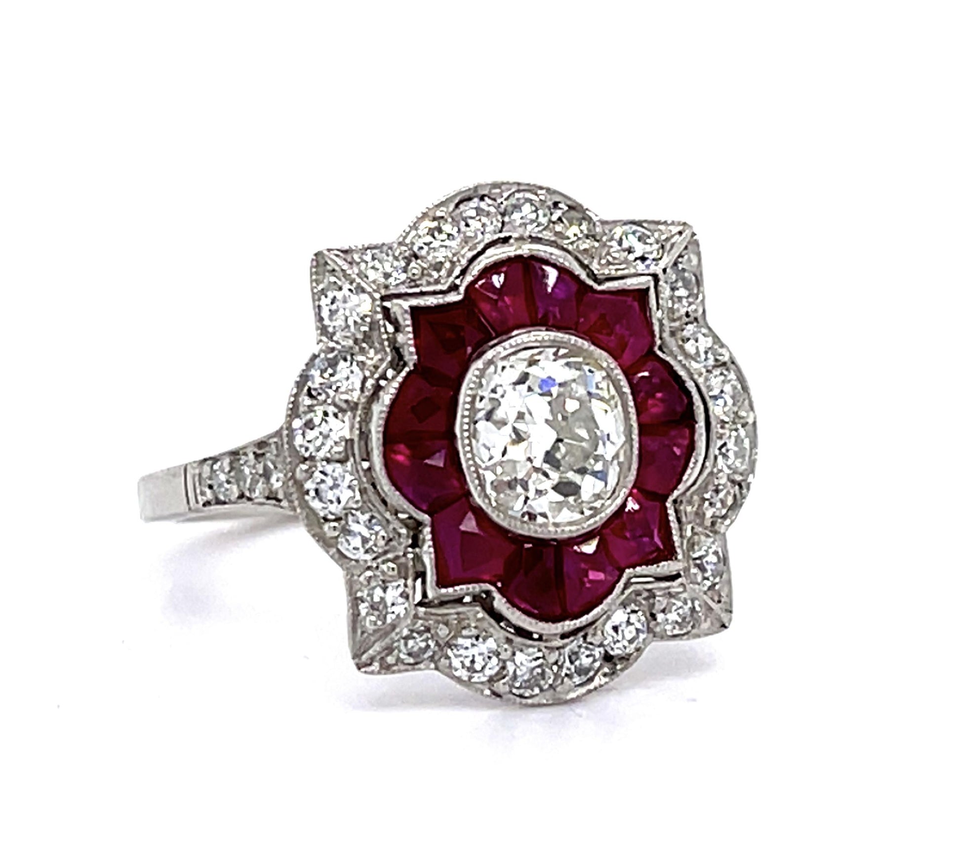 .79ct SI2 (No Cert) Old Mine Cushion Dia 2.40ct French Rubies PT Handmade Ring