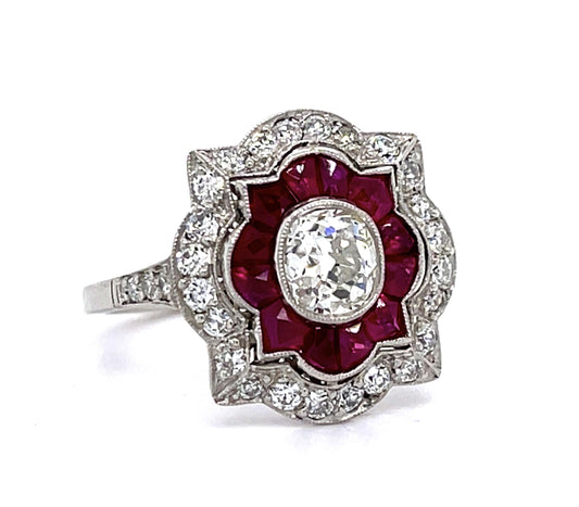 .79ct SI2 (No Cert) Old Mine Cushion Dia 2.40ct French Rubies PT Handmade Ring