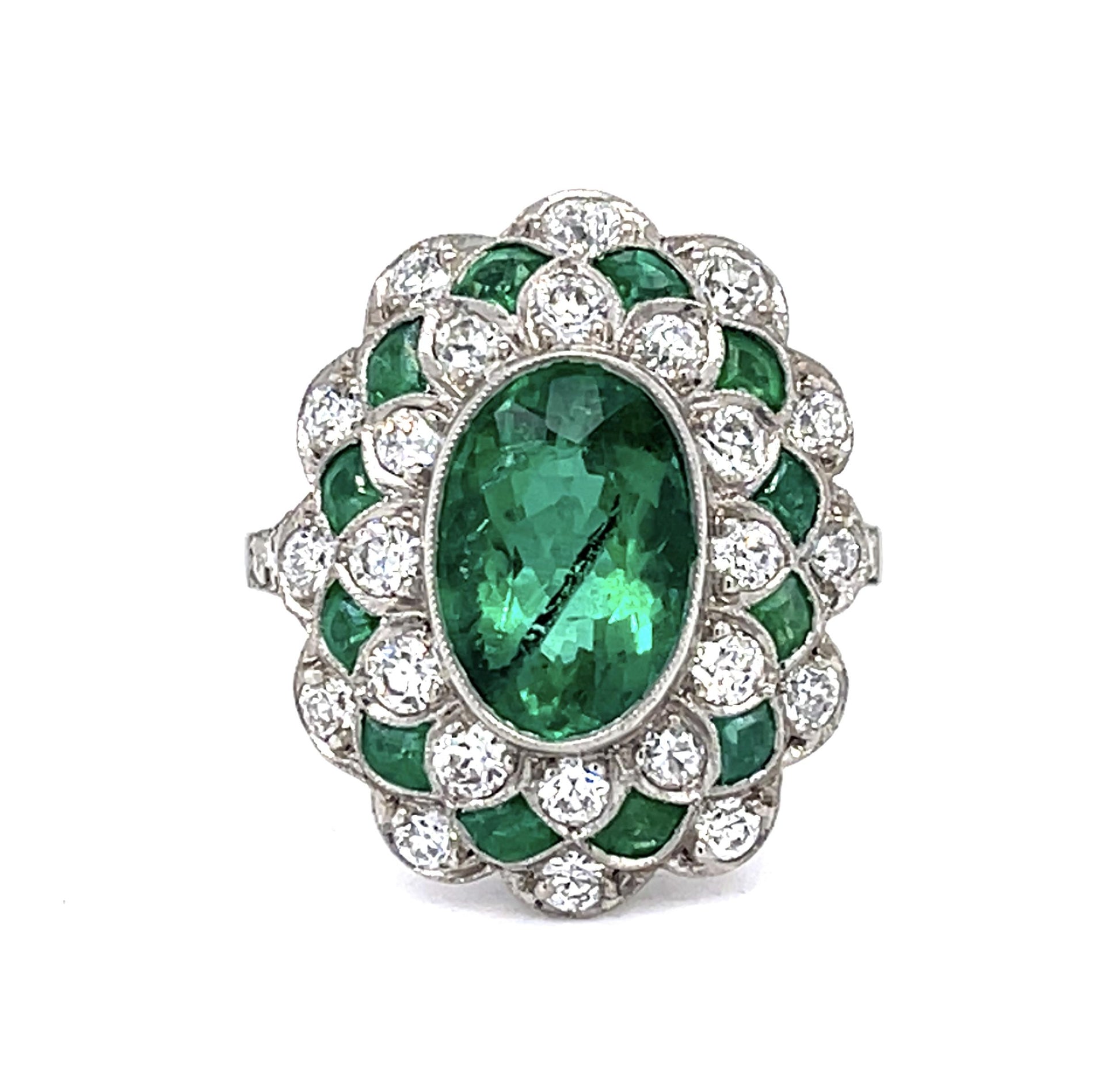 2.96ct F3 Brazilian Emerald 1.26ct Dia Platinum Handmade Ring 1.40ct Side Eme