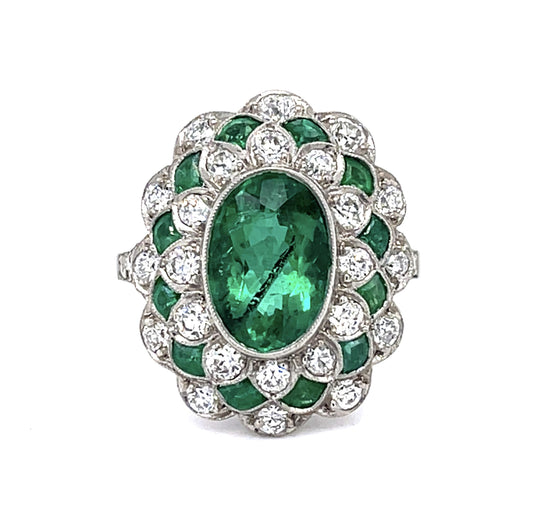 2.96ct F3 Brazilian Emerald 1.26ct Dia Platinum Handmade Ring 1.40ct Side Eme