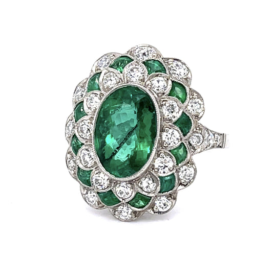 2.96ct F3 Brazilian Emerald 1.26ct Dia Platinum Handmade Ring 1.40ct Side Eme
