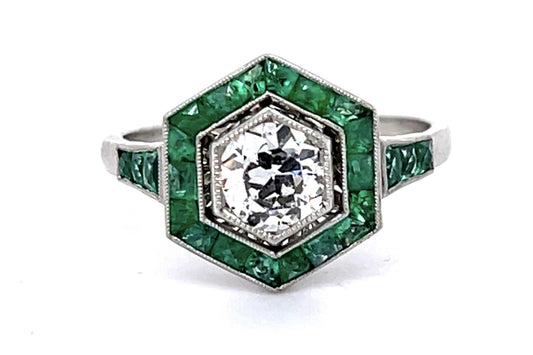 .68ct Old European Diamond Center 1.40ct Emerald Platinum Handmade Ring