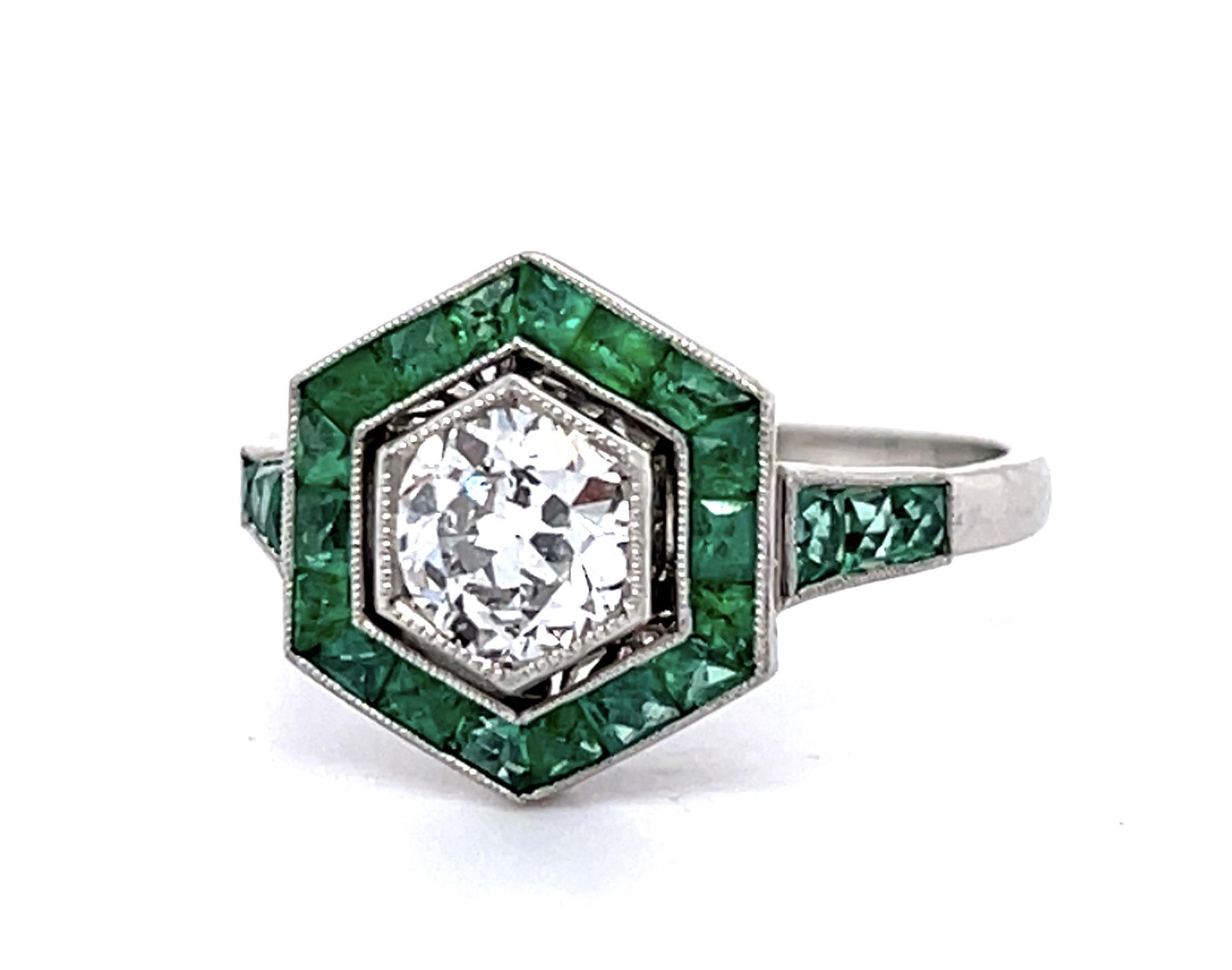 .68ct Old European Diamond Center 1.40ct Emerald Platinum Handmade Ring