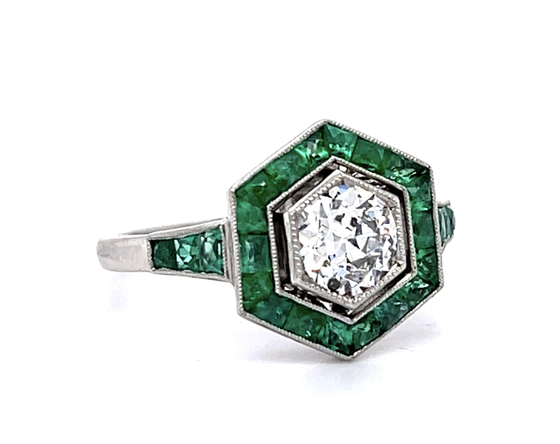 .68ct Old European Diamond Center 1.40ct Emerald Platinum Handmade Ring