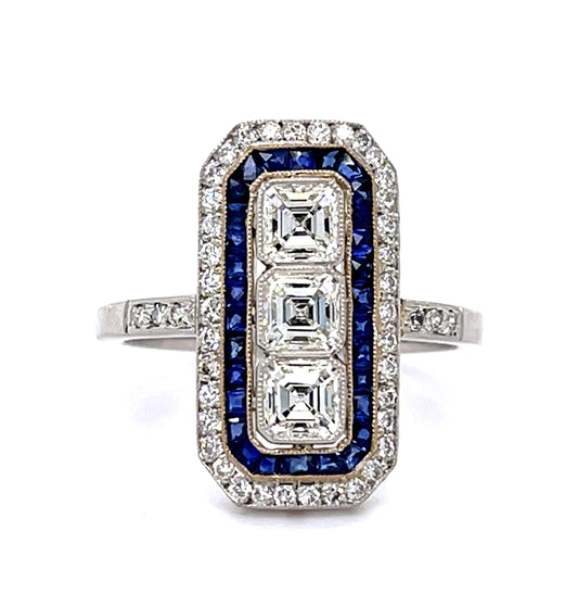 .93ct Square-cut Diamond .80ct Sapphire Platinum Handmade Ring .48ct SD