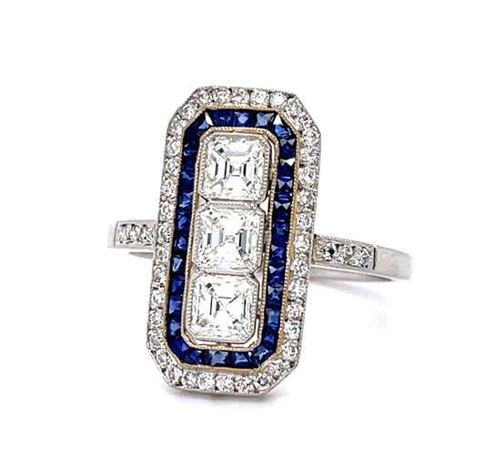 .93ct Square-cut Diamond .80ct Sapphire Platinum Handmade Ring .48ct SD