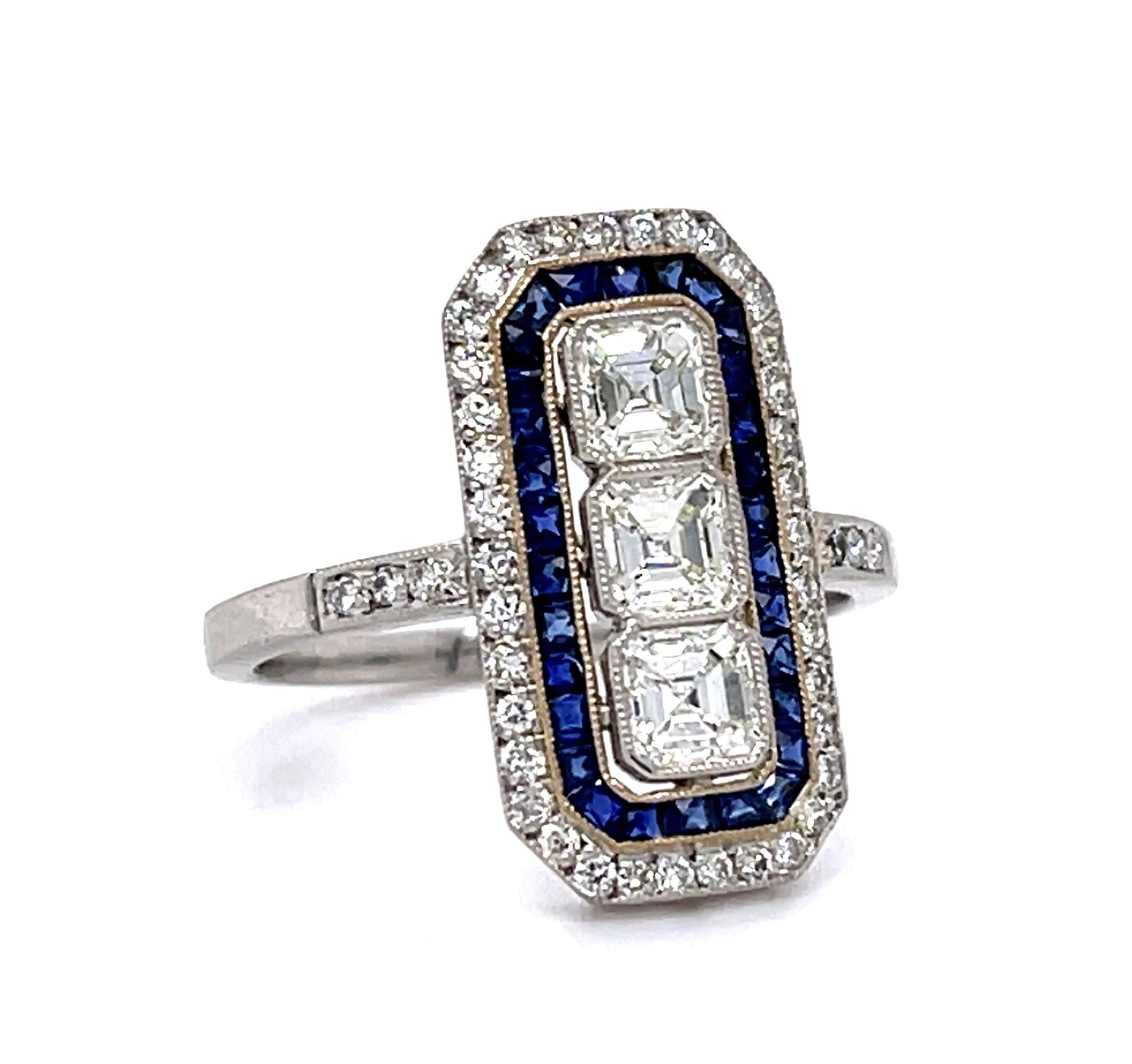 .93ct Square-cut Diamond .80ct Sapphire Platinum Handmade Ring .48ct SD