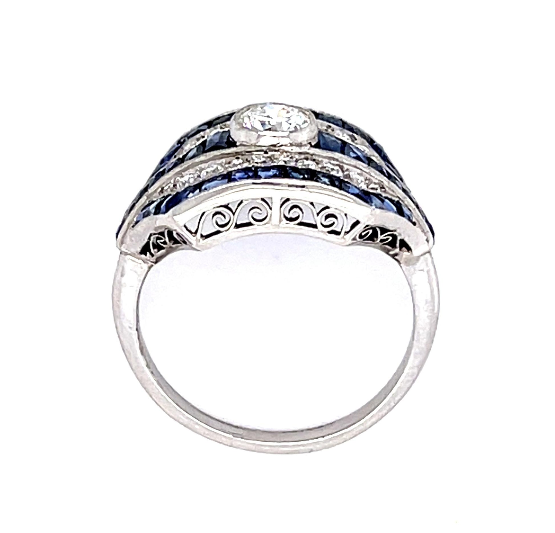 .45ct Center Old Euro Diamond 3.30ct Sapphire Platinum Handmade Ring .36ct SD