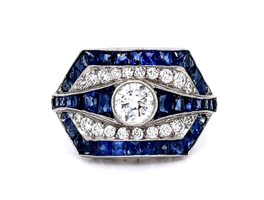 .45ct Center Old Euro Diamond 3.30ct Sapphire Platinum Handmade Ring .36ct SD