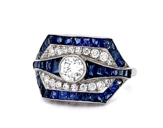 .45ct Center Old Euro Diamond 3.30ct Sapphire Platinum Handmade Ring .36ct SD