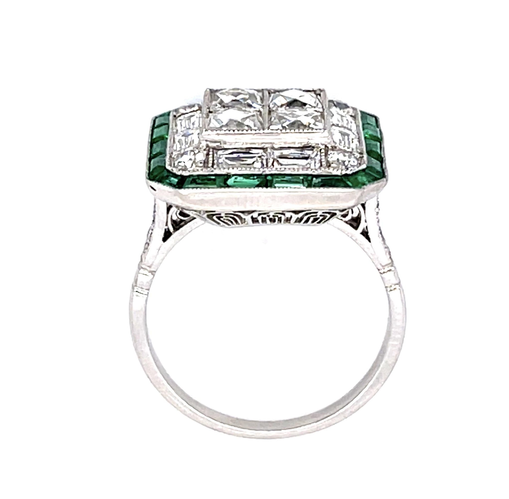 1.51ct Center Antique French Cut Diamond 1ct Emeralds Platinum Handmade Ring
