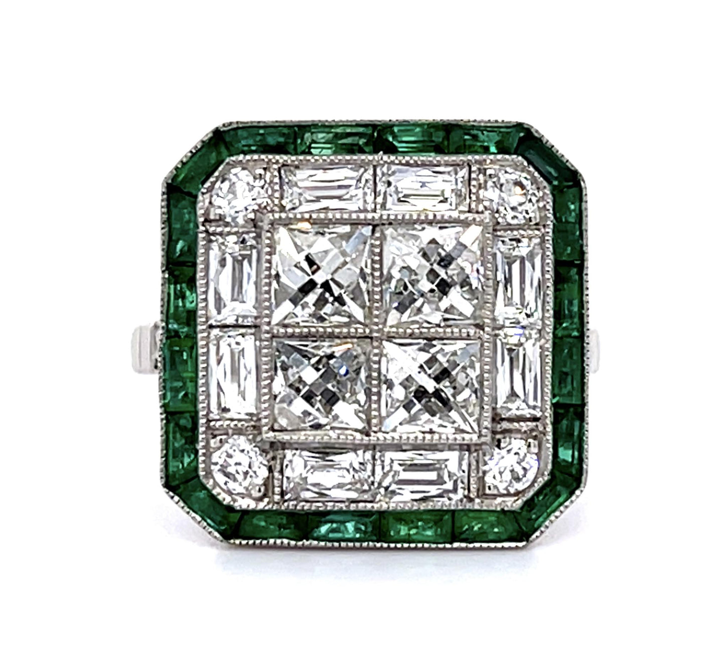 1.51ct Center Antique French Cut Diamond 1ct Emeralds Platinum Handmade Ring