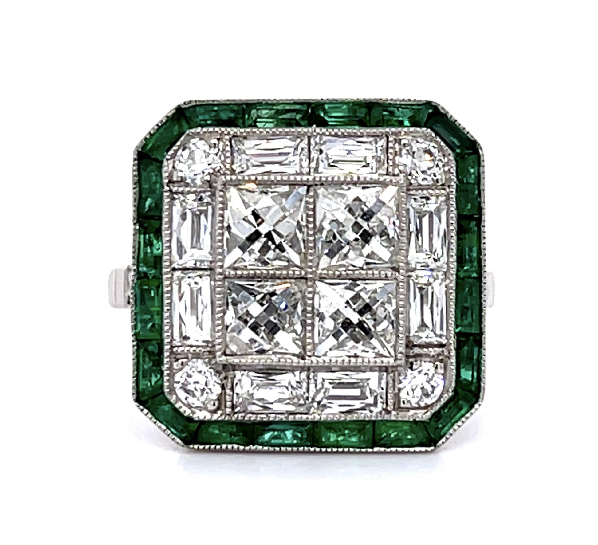 1.51ct Center Antique French Cut Diamond 1ct Emeralds Platinum Handmade Ring
