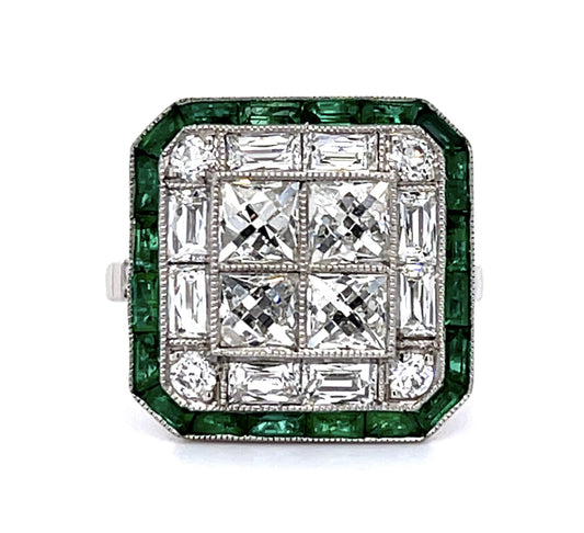 1.51ct Center Antique French Cut Diamond 1ct Emeralds Platinum Handmade Ring