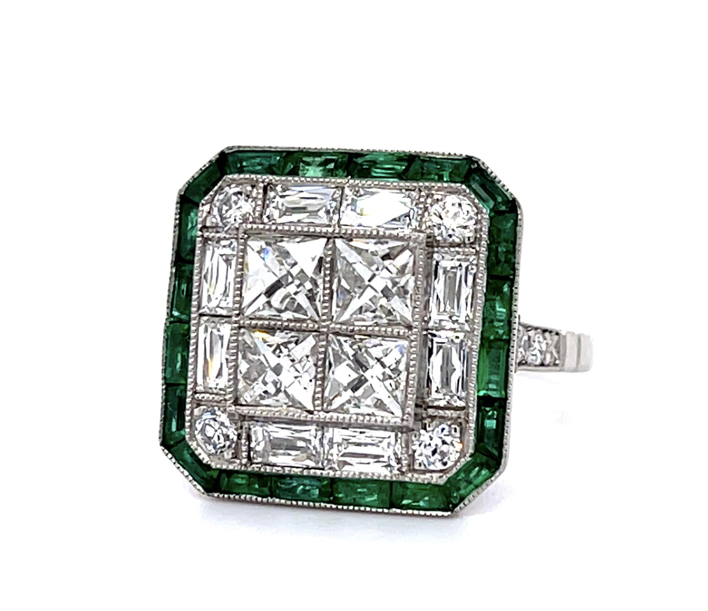 1.51ct Center Antique French Cut Diamond 1ct Emeralds Platinum Handmade Ring