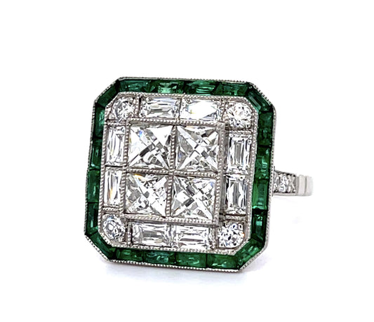 1.51ct Center Antique French Cut Diamond 1ct Emeralds Platinum Handmade Ring